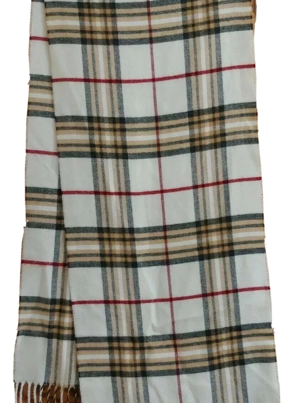 Classic Cream Plaid Fringe Scarf with Tan, Black & Red Stripes